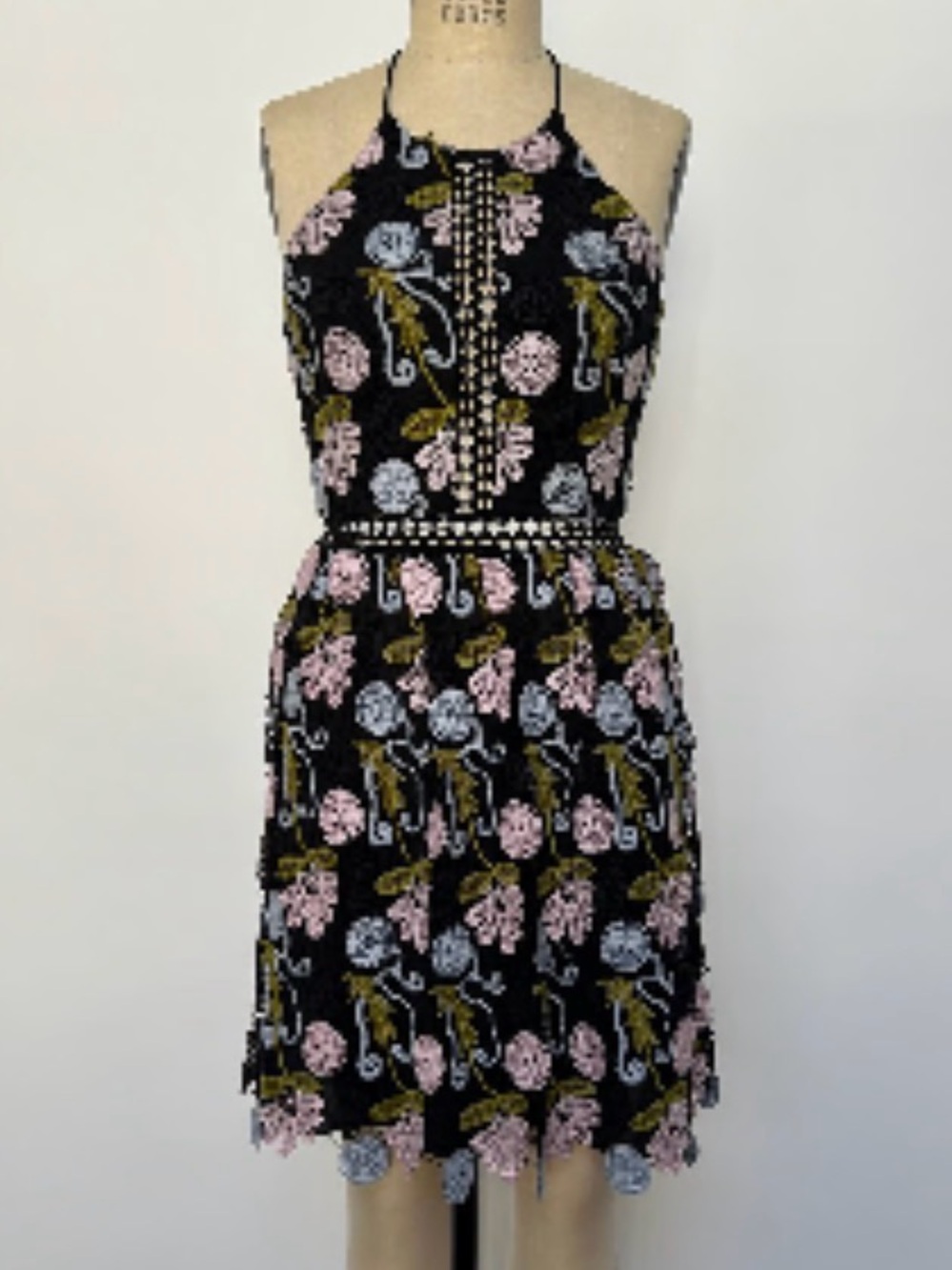 Cynthia Rowley Black Halter Mini Dress with Pink, Blue & Olive Floral Embroidery